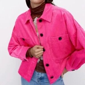 Zara Hot Pink Corduroy Jacket Size‎ M Cropped Shacket Boxy Button Up Pockets